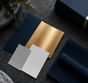 Navy, gold and silver material swatches laid flat on dark stone
