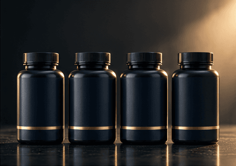 Four navy supplement bottles with gold bands in low light