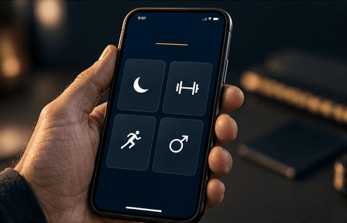 A hand holding a phone showing the four Adonis program icons