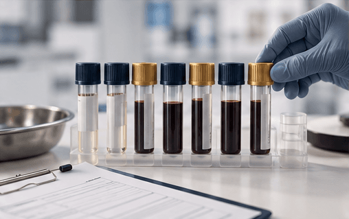 Blood collection tubes in a rack beside a lab requisition