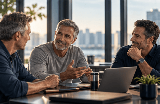 Three men talking at an office table in front of a city view