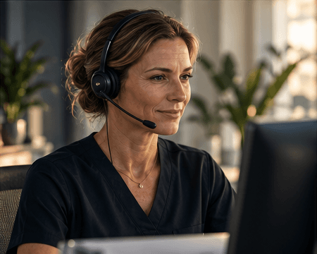 A coach wearing a headset, smiling at her screen